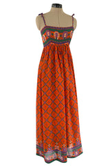 Numbered 1970s Lanvin Couture Fine & Light Silk Crepe Chiffon Printed Orange Sun Dress
