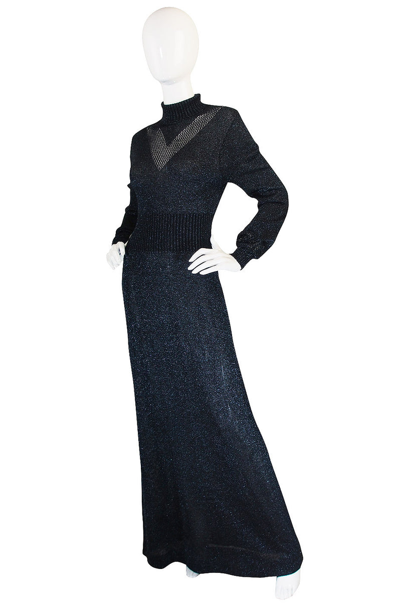 1970s Supermodel Length Wenjilli Metallic Blue Dress