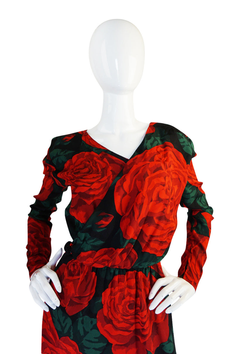 Fall 1985 Huge Rose Print Silk Valentino Dress
