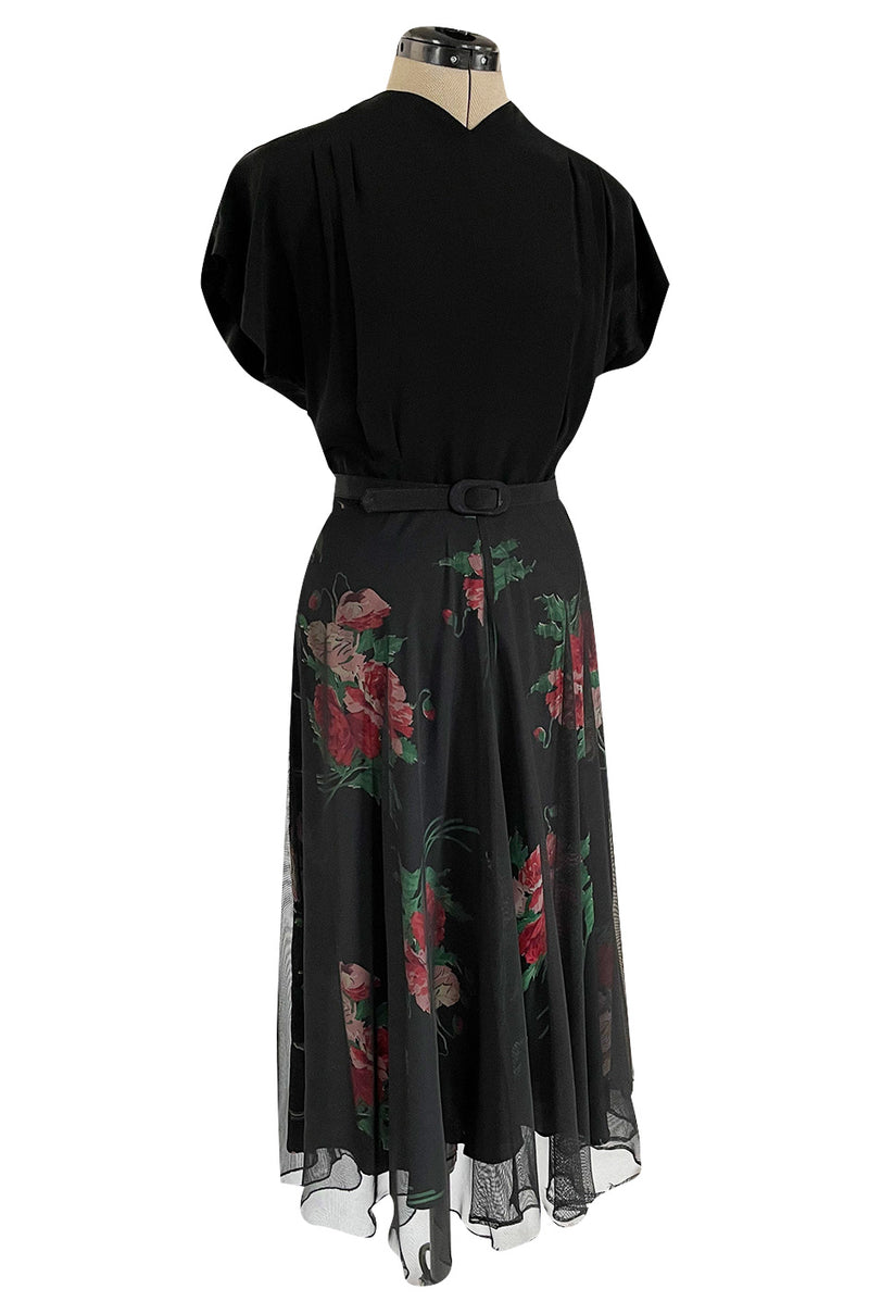Gorgeous 1930s Best & Co. Black Silky Rayon Top w Netted Over Floral Printed Swing Skirt
