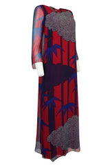 1970s Hanae Mori Silk Chiffon Beautifully Printed Caftan Dress