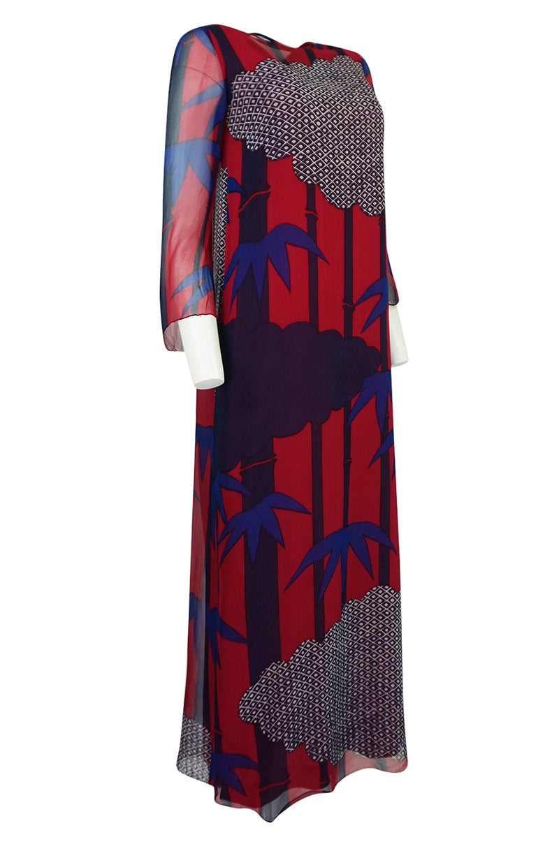 1970s Hanae Mori Silk Chiffon Beautifully Printed Caftan Dress