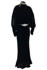 Stunning 1930s Black Bias Cut Silk Velvet Dress w Rhinestone Detail & Brilliant Belt