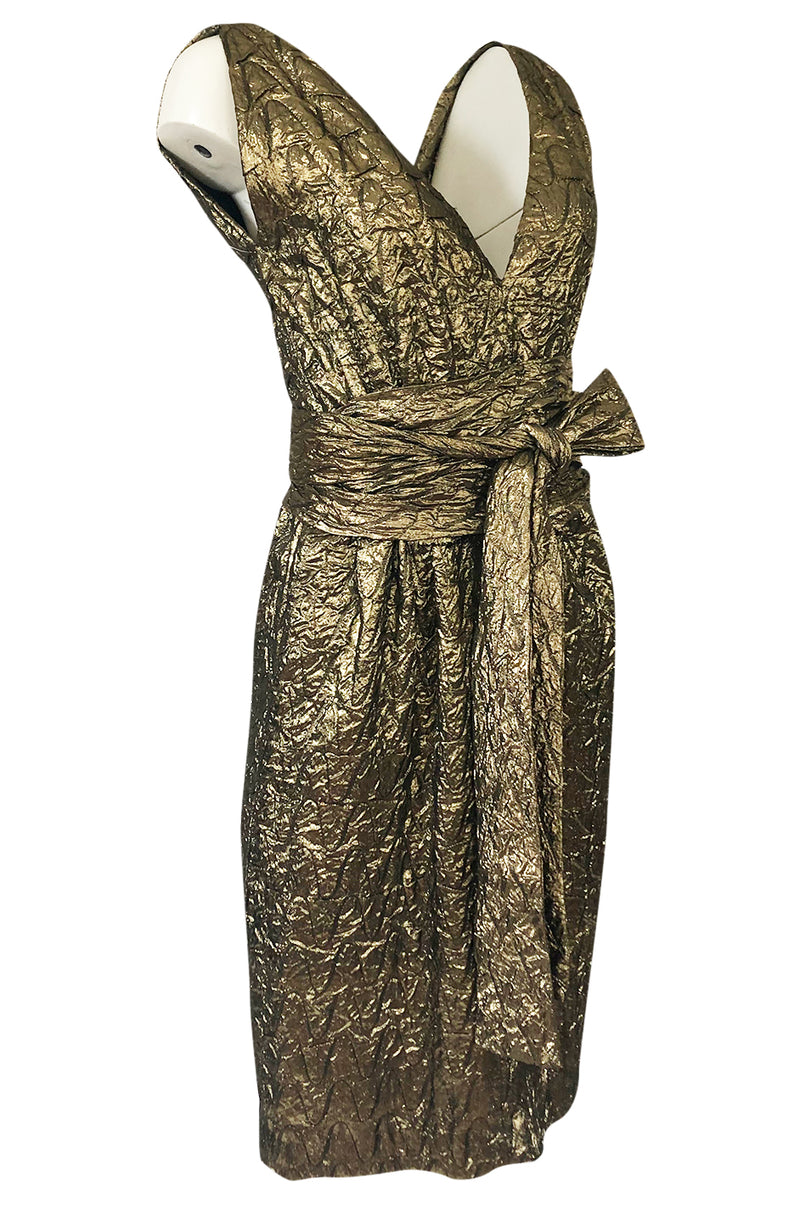 1960s Possible Christian Dior Gold Lame Back & Front Plunge Dress