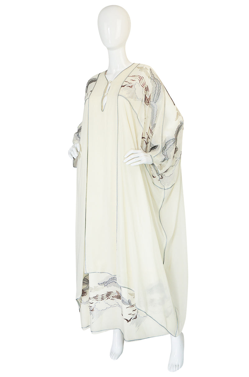 1970s Janice Wainwright Cream Embroidered Caftan Dress