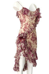 2000s John Galliano Purple Floral Print Silk Bias Cut Ruffle Dress