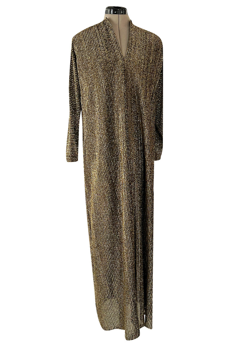 Classic 1970s Halston Metallic Gold Lame Lurex Full Length Caftan Dress w Notched Neckline