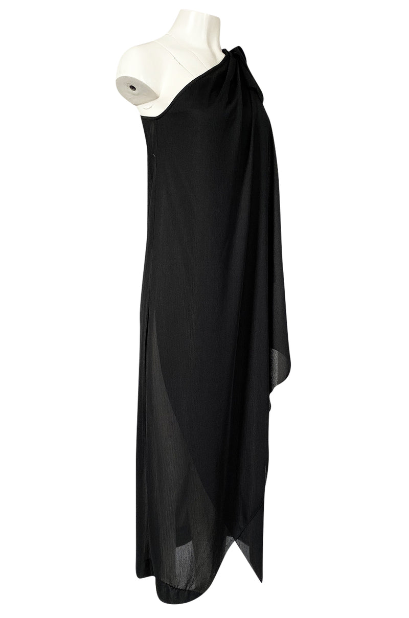 1970s Unlabeled One Shoulder Black Lightweight Jersey Nylon Dress