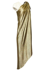 Important 1976 Halston Couture One Shoulder Gold Metallic Lame Sarong Dress