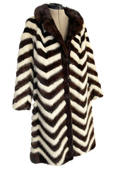 Wonderful 1960s Mink Coat w a Deep Brown Chocolate & Ivory Fur & Leather Chevron Pattern