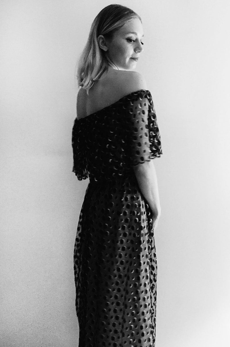 1970s Jean Louis Dotted Net & Silk Off Shoulder Dress