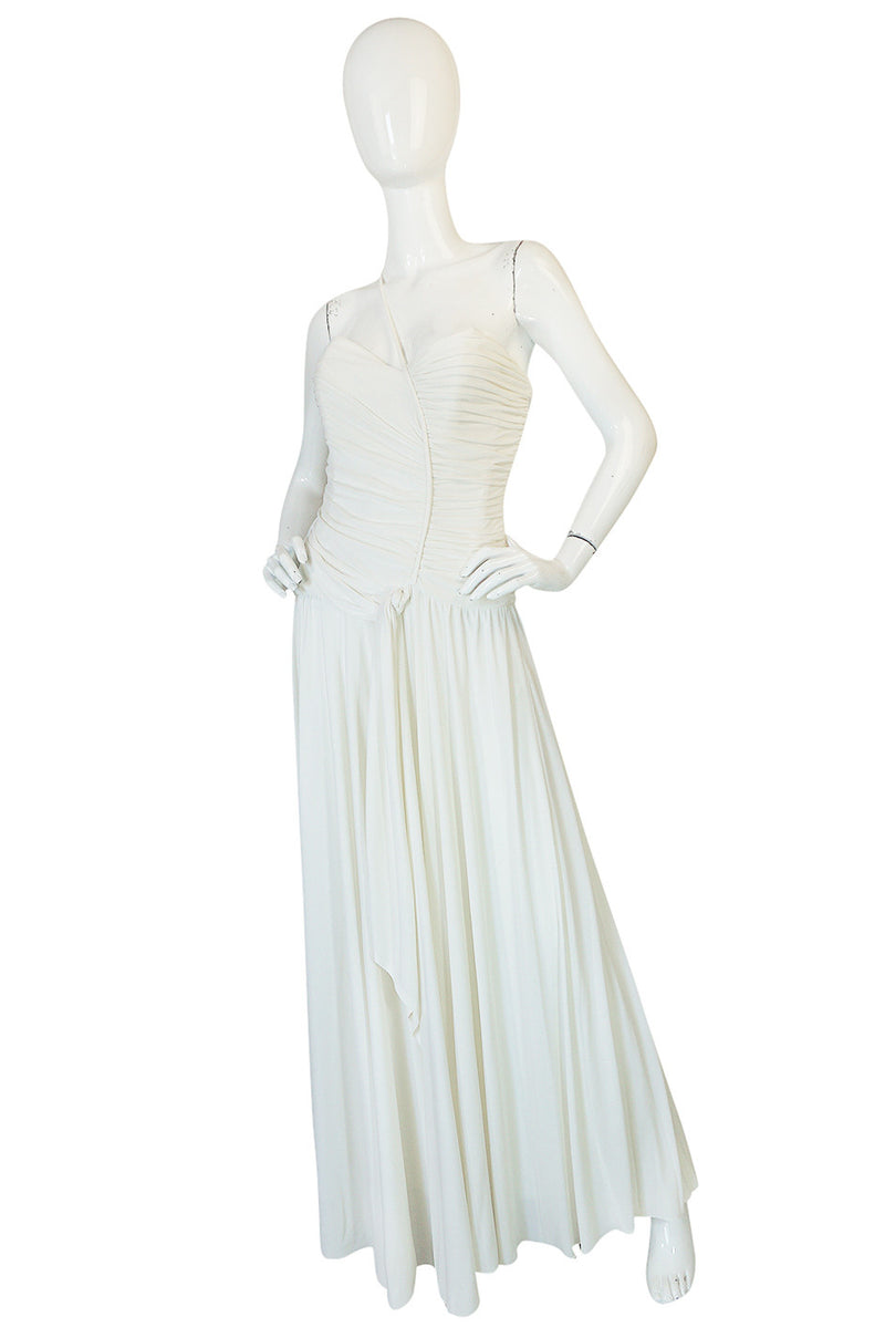 1970s Frank Usher Draped Single Strap White Jersey Dress