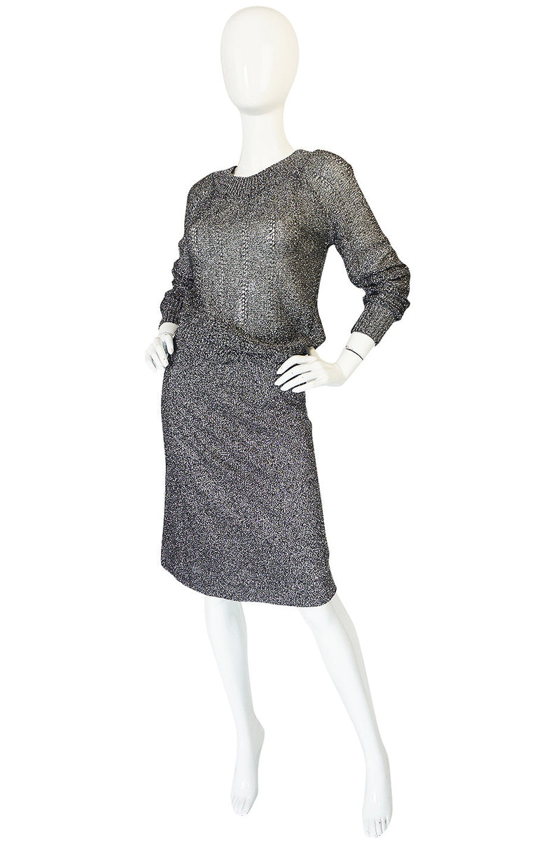 1960s Gunn Trigere Silver Metallic Knit Top & Skirt Set