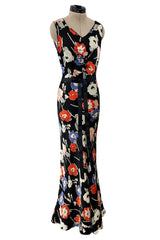 Beautiful 1930s Bias Cut Heavy Silk Satin Floral Print Dress w Scalloped Edged Jacket