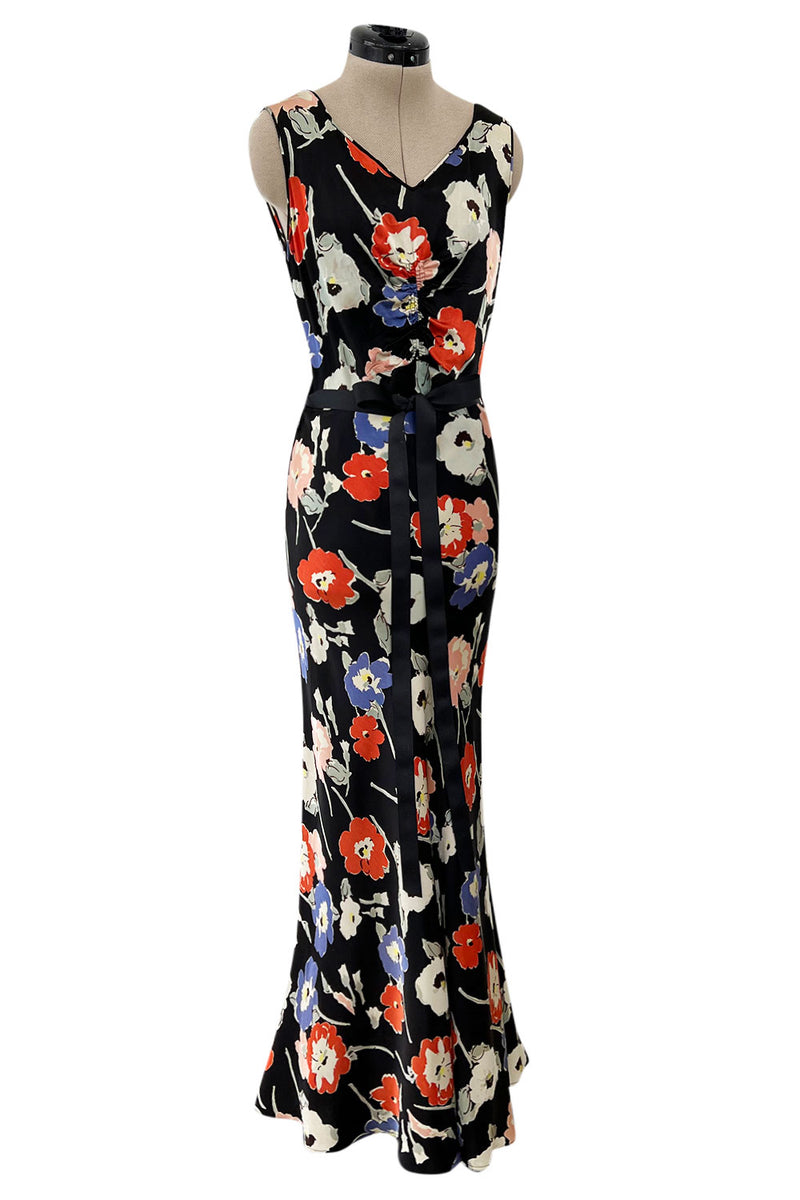 Beautiful 1930s Bias Cut Heavy Silk Satin Floral Print Dress w Scalloped Edged Jacket