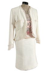 Cruise 2004 Chanel by Karl Lagerfeld Three Piece Ivory Silk Boucle Suit w Silk Chiffon Edging