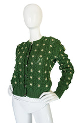 Rare 1930s Lanz Hand Knit Green Nubby Floral Sweater
