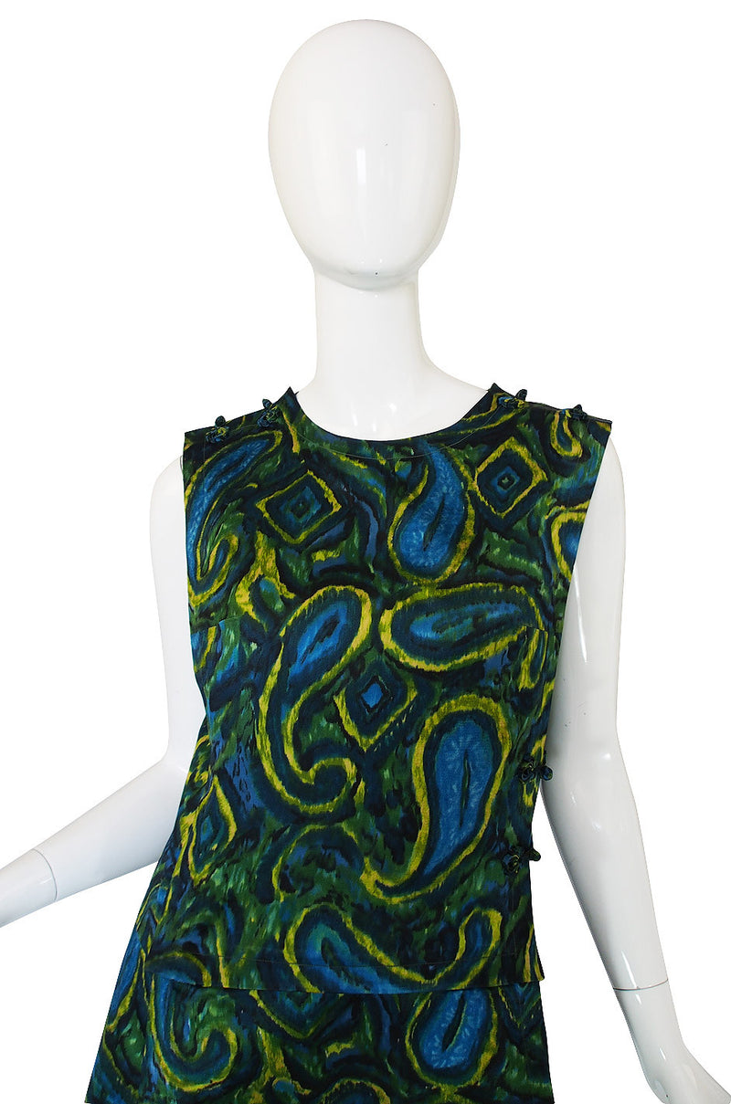 1960s Pretty Green & Blue Silk Shift Dress