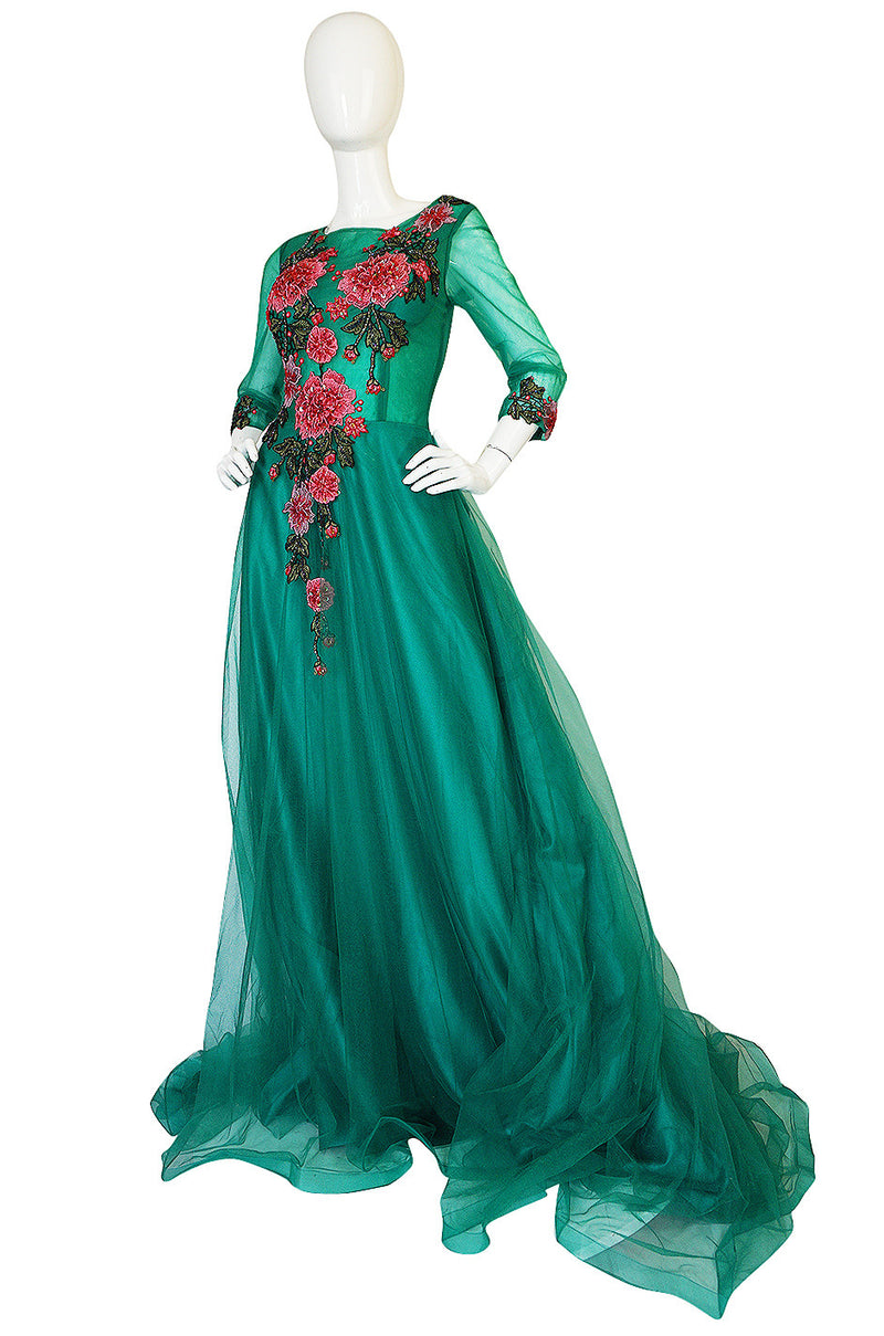 Vintage Trained Emerald Green Lace Tulle Gown w Floral Applique