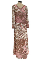 Wonderful 1960s Emilio Pucci Pink & Taupe Printed Silk Chiffon Caftan Dress