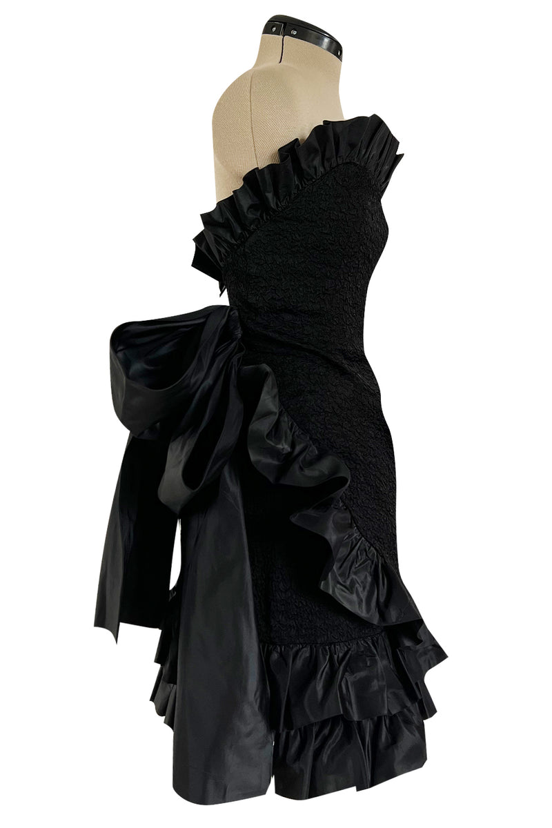Dramatic Fall 1987 Yves Saint Laurent Strapless Silk & Taffeta Dress w Ruffles & Bow