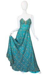 1970s Turquoise & Gold Sequin Silk Gown