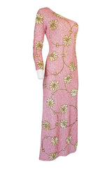 c.1965 Gene Shelly Pink Sequin Stretch Knit Dress w 3D Floral Design