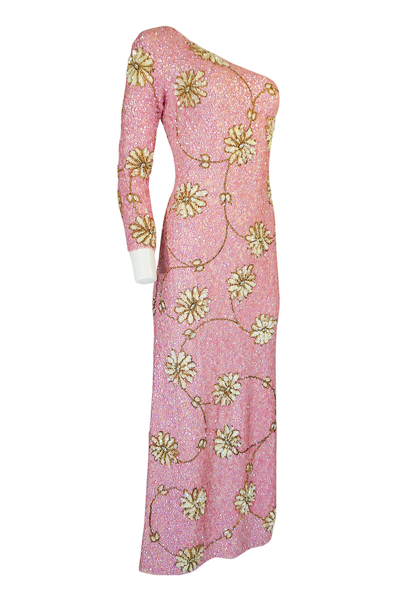 c.1965 Gene Shelly Pink Sequin Stretch Knit Dress w 3D Floral Design