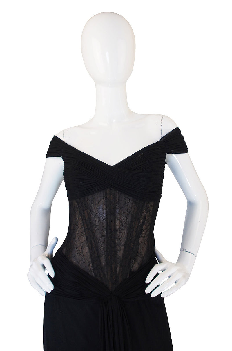 1980s Vicky Tiel Couture Black Silk Net & Lace Corset Gown