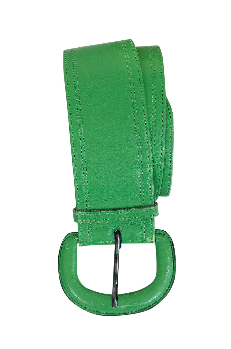 1970s Yves Saint Laurent Green Leather Wide Buckle Belt