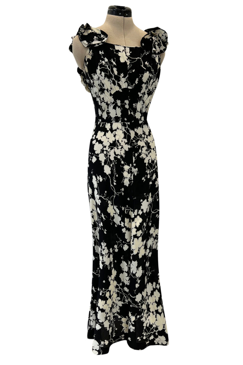 Prettiest 1930s Black & White Floral Print Bias Cut Silk Elaborate Ruffle Shoulder Dress