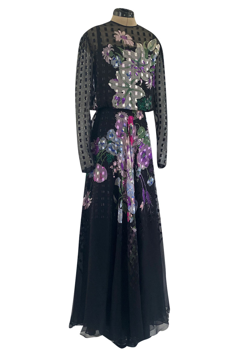 Beautiful 1970s Ted Lapidus Ribbon Weave Silk Chiffon Dress w Prettiest Floral Print