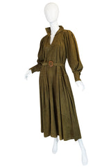 1970s Jean Muir Billowing Sleeve Perforated Olive Suede Dress