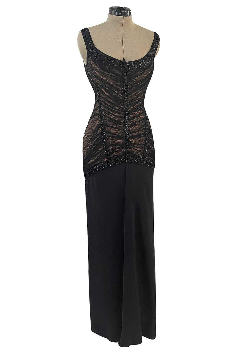 Original Fall 1997 Herve Leger Couture Lace & Bead Bandage Fitted Black Dress w Wide Straps