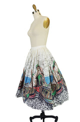 1950s Hand Painted Fishing Village Scene Cotton Skirt