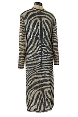 Iconic Late 1970s Halston Rare Iridescent Gold & Black Sequin Tiger Print Dress