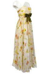 1961 Ferdinando Sarmi Strapless Yellow Floral Print Silk Chiffon Dress w Front Bow Detail