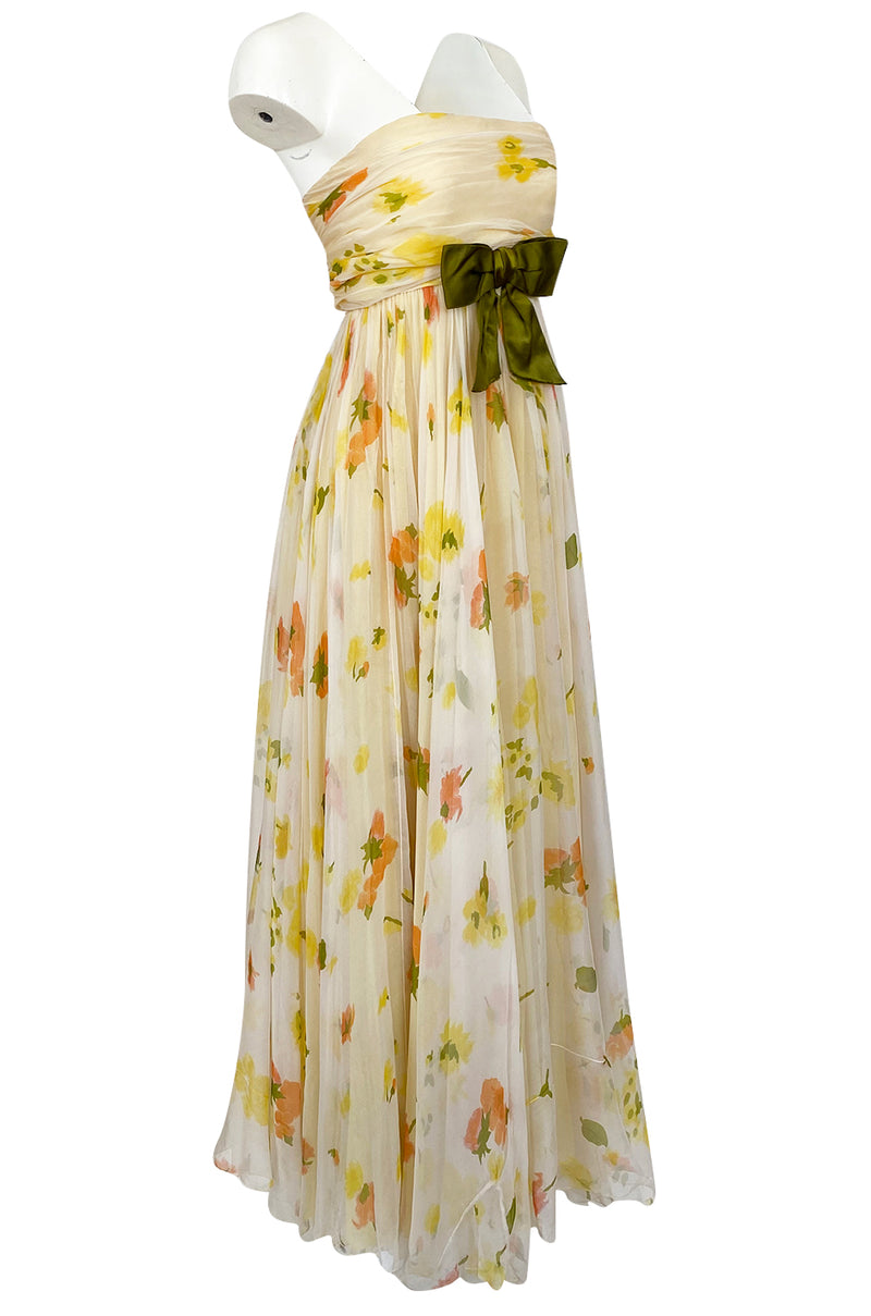 1961 Ferdinando Sarmi Strapless Yellow Floral Print Silk Chiffon Dress w Front Bow Detail
