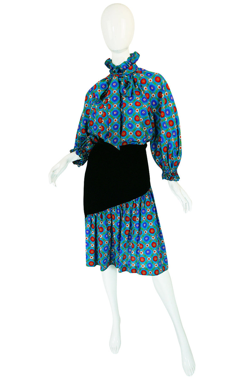 1970s Print & Velvet Yves Saint Laurent Peasant Top & Skirt