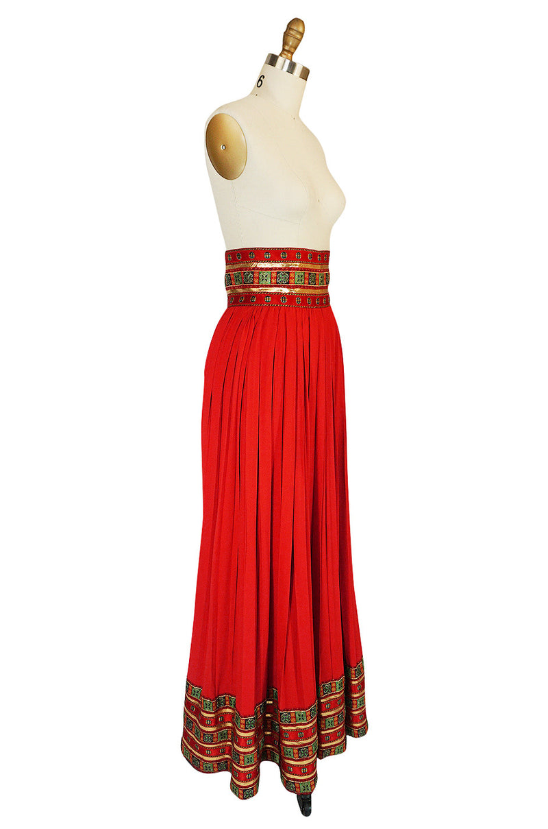1970s Red Lanvin Demi-Couture Pleat & Silk Brocade Skirt