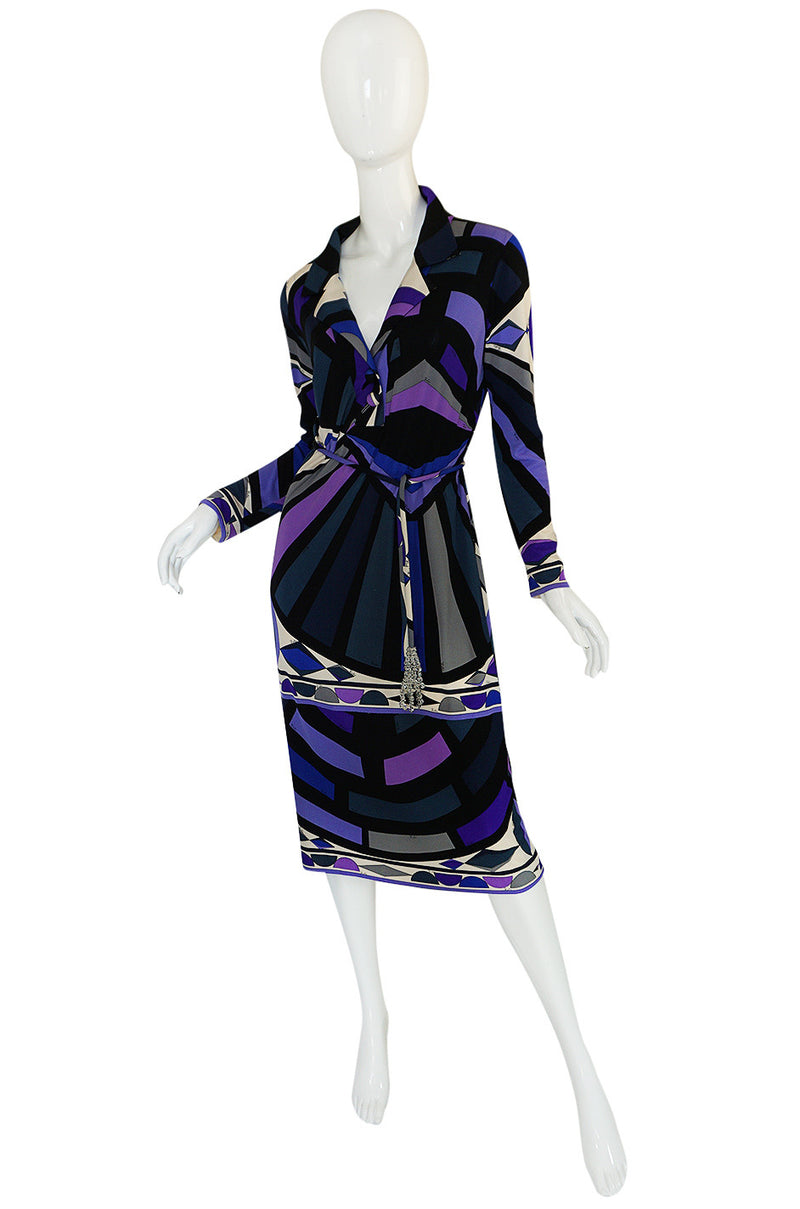 1960s Purple Print Pucci Silk Jersey Dress w Crystal Belt