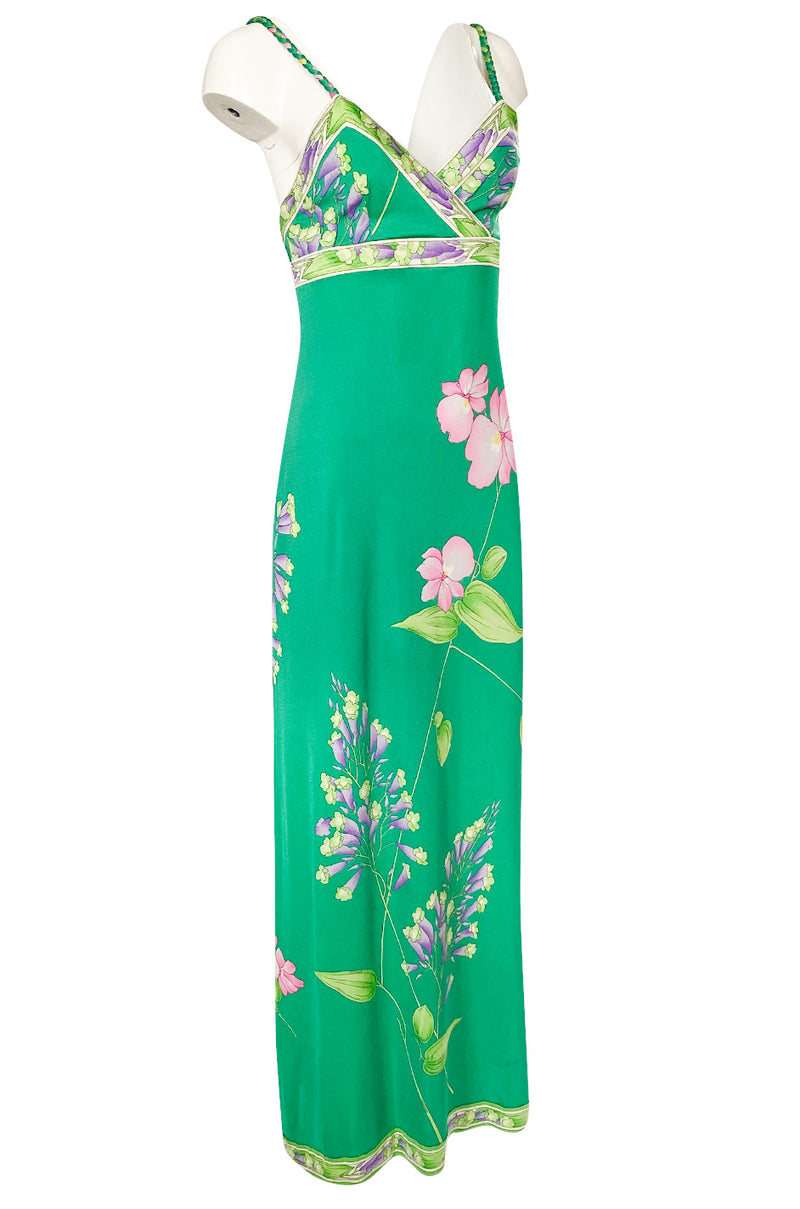 1970s Leonard Paris Green Floral Print Silk Jersey Halter Dress Shrimpton Couture 1970s Leonard Paris Green Floral Print Silk Jersey Halter Dress Shrimpton Couture
