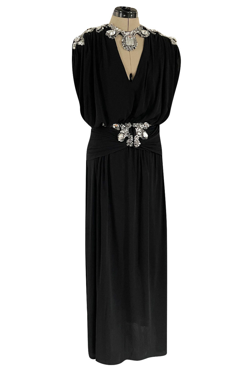 Incredible 1970s Loris Azzaro Black Silk Jersey Dress w Huge Attached Jewel Collar & Jewelled Belt