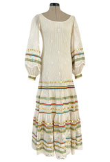 1975 Giorgio Sant' Angelo Hand Crochet Dress w Balloon Sleeves & Metallic Ribbon Detailing