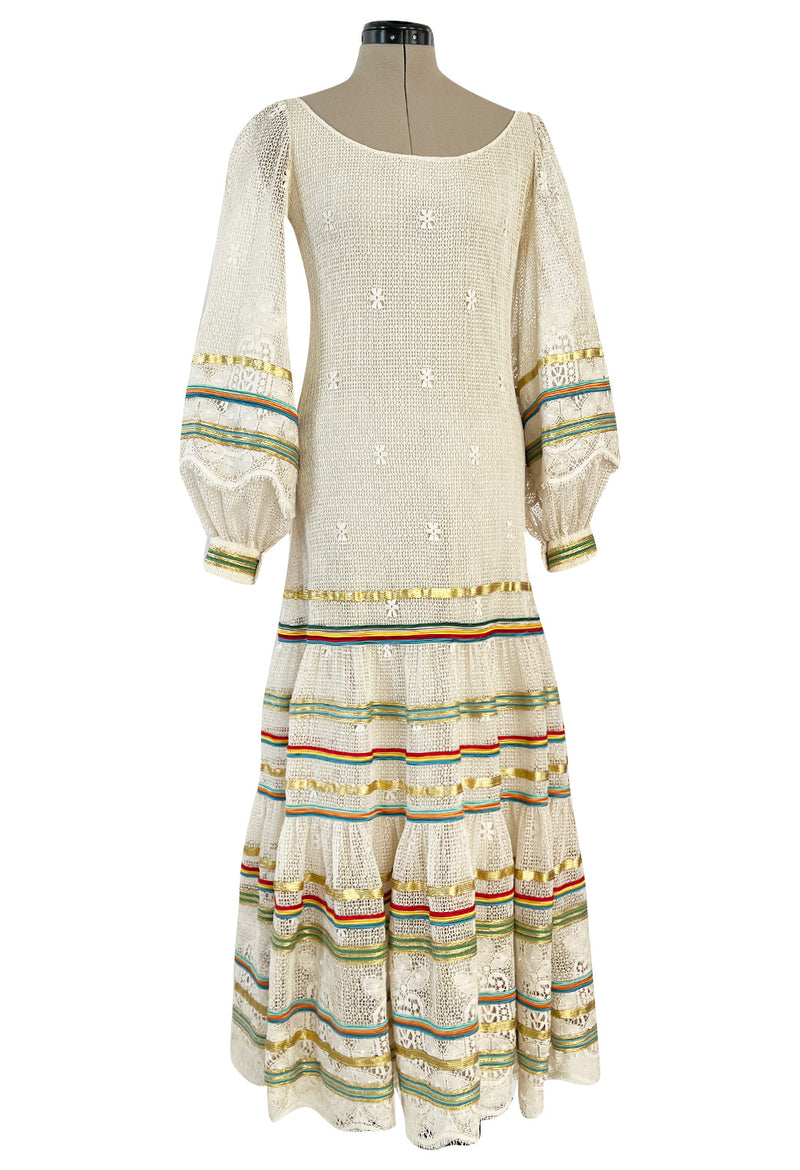 1975 Giorgio Sant' Angelo Hand Crochet Dress w Balloon Sleeves & Metallic Ribbon Detailing