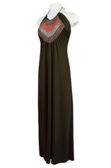 1970s Joy Stevens Embroidered Brown Jersey Halter Dress