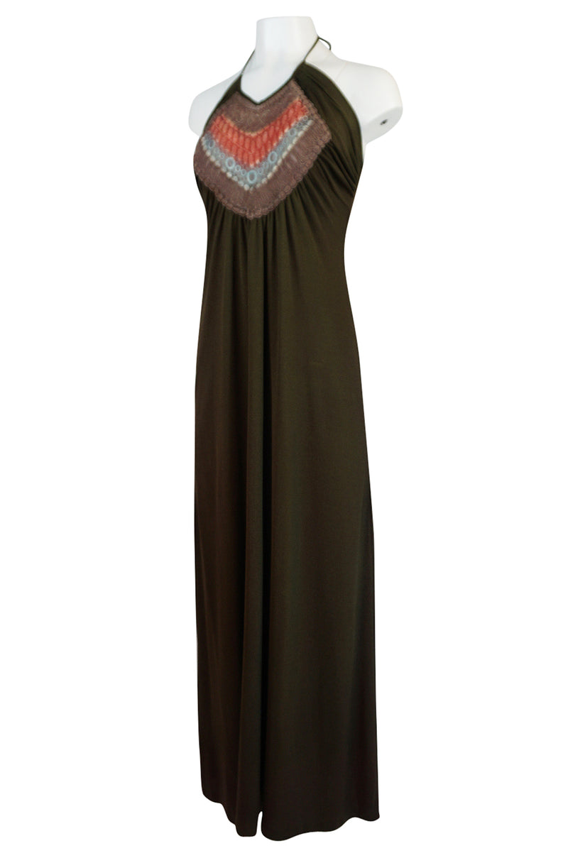 1970s Joy Stevens Embroidered Brown Jersey Halter Dress