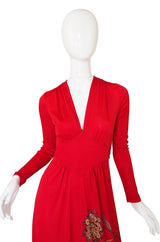 1970s Mac Tac Jersey Red Print Dress