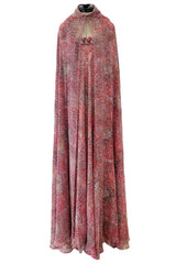Magical c.1958 Madame Gres Haute Couture Printed Silk Chiffon Dress & Hooded Cape Piece
