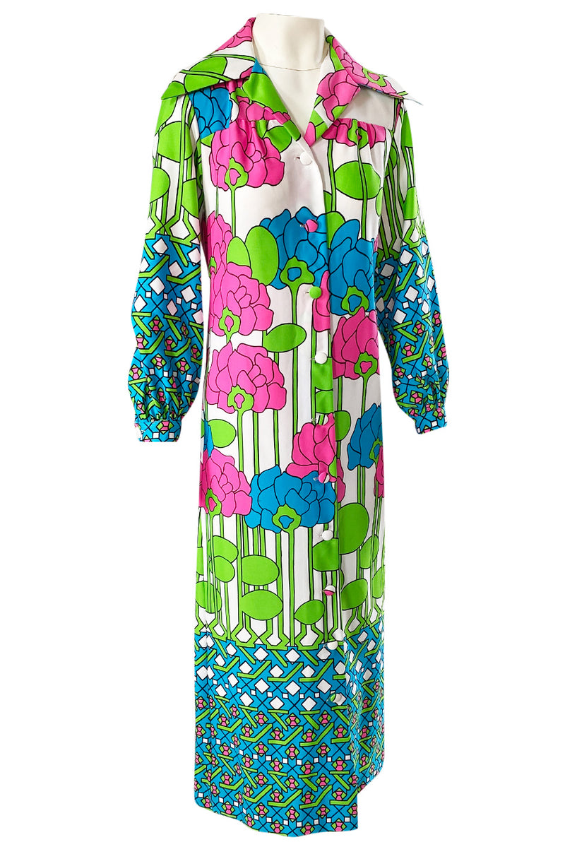 1970s Lanvin Mod Op Art Oversized Floral Print Jersey Shirt Dress